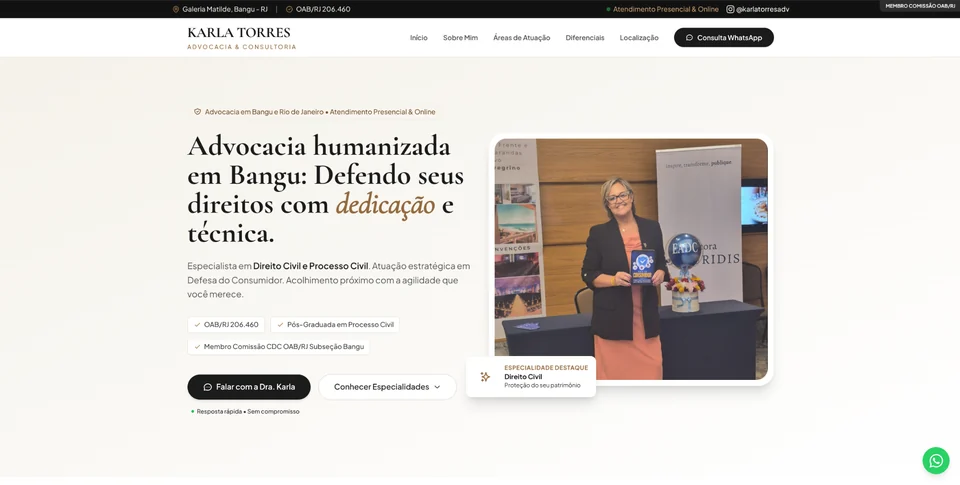 Site Karla Torres Advocacia: apresentação profissional, áreas de atuação e contato